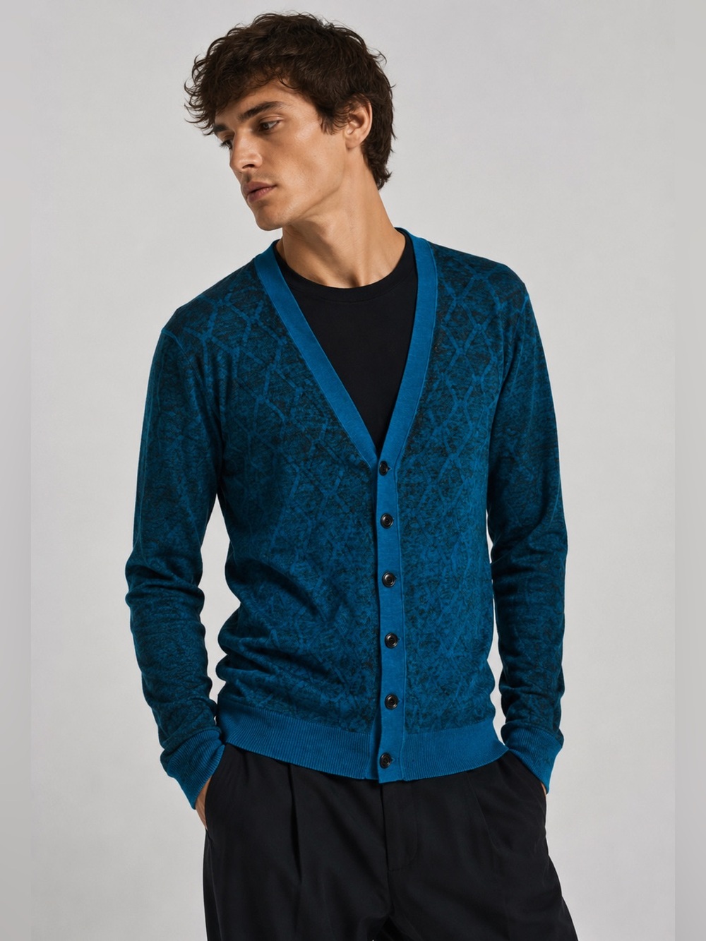 Diesel Blue Teal Patterned V-Neck Button Front Cotton Cardigan Sweater M